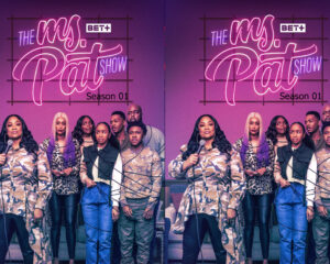 Group of diverse performers in camouflage outfits standing together on a stage with a neon sign reading 'The My Show' and 'Season 01' in the background (left panel).