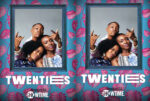 Two friends posing together for a Showtime poster, shown in front of blue ornate frames on teal wallpaper with pink leaves.
