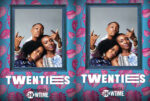 Two friends posing for a selfie in front of teal walls with pink leaf patterns and blue ornate frames; bold 'TWENTIES' text at the bottom.
