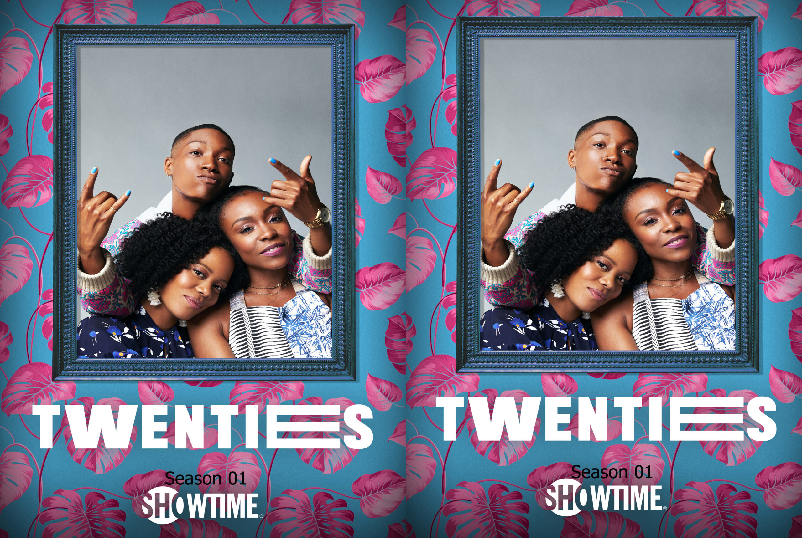 Two friends posing for a selfie in front of teal walls with pink leaf patterns and blue ornate frames; bold 'TWENTIES' text at the bottom.