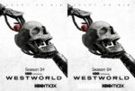 Double promotional image for Westworld on HBO Max, showing a skeletal skull with a robotic arm and 'Season 04' text.