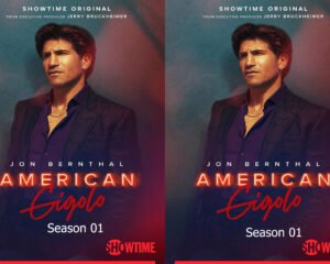 Showtime's American Gigolo Season 1 poster featuring Jon Bernthal in a dark suit, shown as two mirrored portraits with neon red title text.