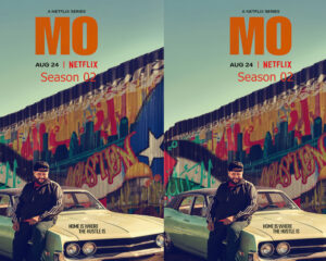 Netflix series MO Season 02 promo poster: a man leaning on a vintage car in front of a colorful graffiti wall under a pale sky (two identical panels).