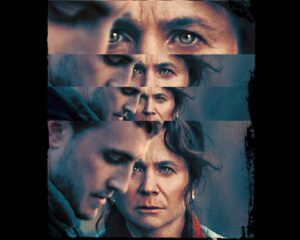 Movie poster for God's Creatures featuring overlapping close-ups of Emily Watson and Paul Mescal with distressed expressions on a dark background; title at bottom.