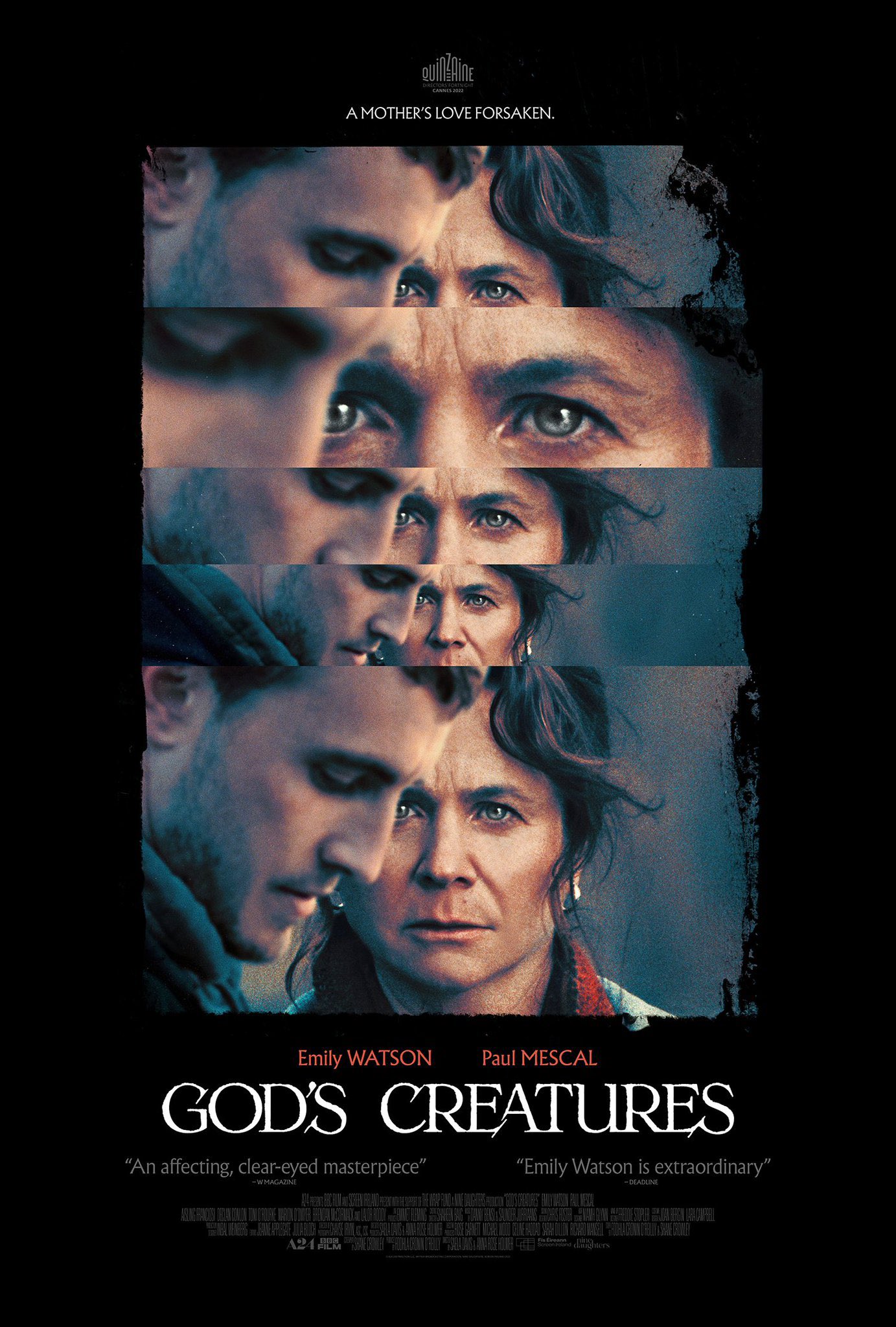 Movie poster for God's Creatures featuring overlapping close-ups of Emily Watson and Paul Mescal with distressed expressions on a dark background; title at bottom.