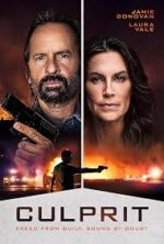 Movie poster for Culprit: a bearded man aiming a gun on the left and a stern woman on the right, with explosions and a dark, fiery background; title Culprit at the bottom.