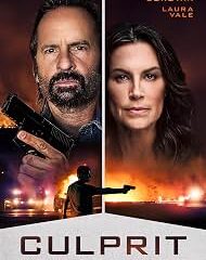 Movie poster for Culprit: a bearded man aiming a gun on the left and a stern woman on the right, with explosions and a dark, fiery background; title Culprit at the bottom.