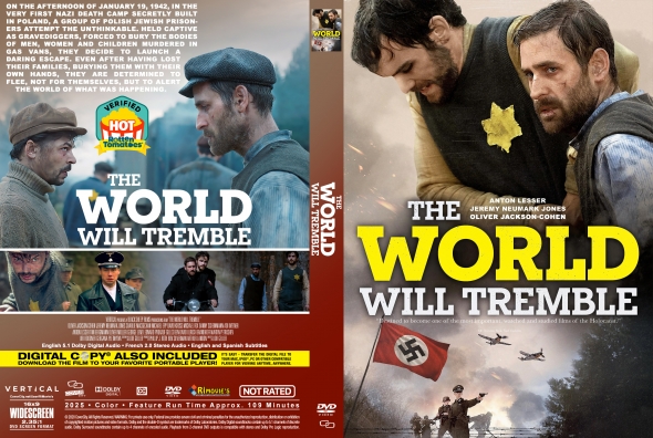 Front and back DVD cover for 'The World Will Tremble': front shows two men in period uniforms with a bold yellow title; back features a collage of scenes, a synopsis block, and smaller images of characters.