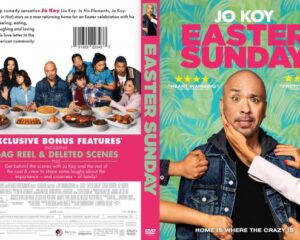 Front and back of the Jo Koy Easter Sunday DVD case: front shows Jo Koy against a tropical background with a bold pink title; back features a family dinner table and cast details.