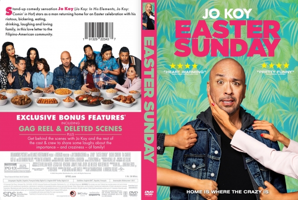 Front and back of the Jo Koy Easter Sunday DVD case: front shows Jo Koy against a tropical background with a bold pink title; back features a family dinner table and cast details.