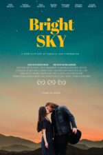 Poster for Bright Sky: a couple kissing at sunset with mountains in the distance and a teal-to-orange sky.