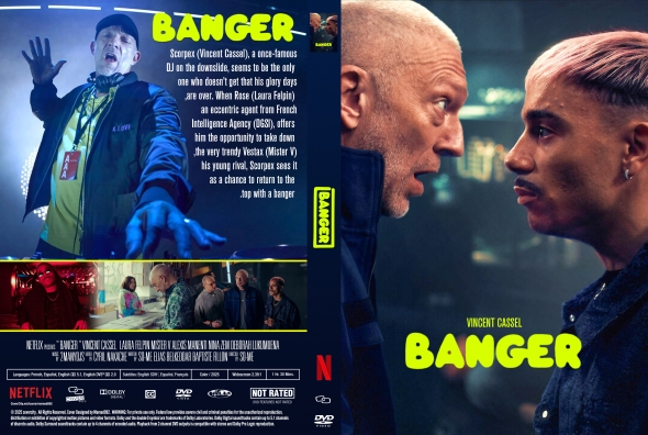 Poster for the film BANGER: close-up of two men facing off on the right with a neon-yellow title 'BANGER' across the image; left side shows a collage and text blocks.