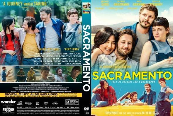 Movie poster for Sacramento showing a smiling group of friends in a convertible against a blue sky; tagline 'A journey worth taking.'