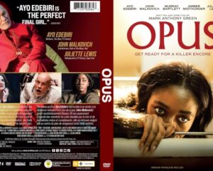 Dual-sided Opus DVD cover: front displays the Opus poster with a woman peering over a sink holding a knife; back shows cast photos and block of text.