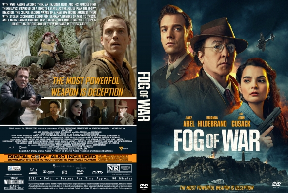 Two-panel DVD cover for 'Fog of War': front shows the title with main characters in period gear against a smoky battlefield; back features action montage, cast list, and production info with the tagline 'The most powerful weapon is deception.'