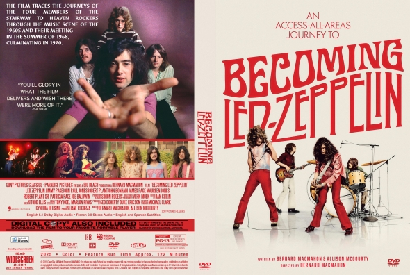 DVD cover for Becoming Led Zeppelin; left collage of band members, right shows the band posing with instruments and a bold red title.