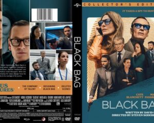 Split DVD cover: back (left) and front (right) for Black Bag Collector's Edition; ensemble spies in suits against teal/orange art.