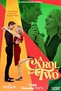 Film poster for 'Carol' featuring two women in 1950s dresses facing each other, bold red and yellow geometric shapes behind them, title at the bottom.