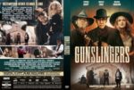 DVD cover for Gunslingers; front shows three western gunfighters in hats under the title, with a desert town backdrop, while the back features a collage of scenes, a cemetery, and cast information.