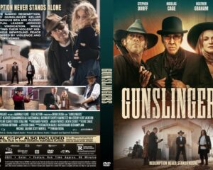 DVD cover for Gunslingers; front shows three western gunfighters in hats under the title, with a desert town backdrop, while the back features a collage of scenes, a cemetery, and cast information.
