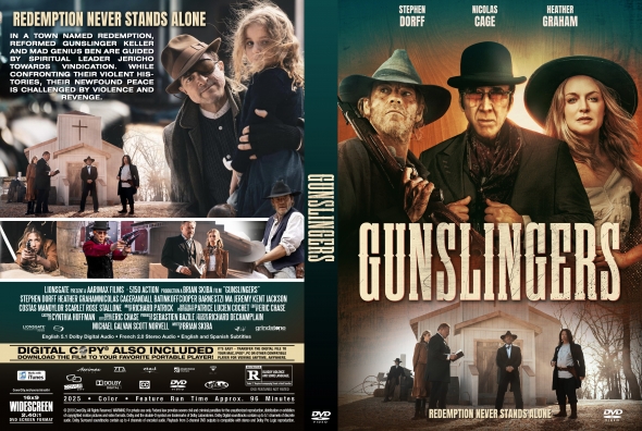 DVD cover for Gunslingers; front shows three western gunfighters in hats under the title, with a desert town backdrop, while the back features a collage of scenes, a cemetery, and cast information.