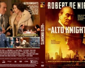 Movie poster for 'The Alto Knights': bold white title on an orange-brown background with a stern man in a hat and a city skyline in the foreground.