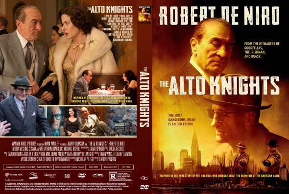 Movie poster for 'The Alto Knights': bold white title on an orange-brown background with a stern man in a hat and a city skyline in the foreground.
