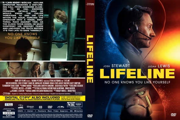 DVD cover for Lifeline featuring Josh Stewart and Judah Lewis with a space/newsroom motif and the tagline 'No one knows you like yourself'.