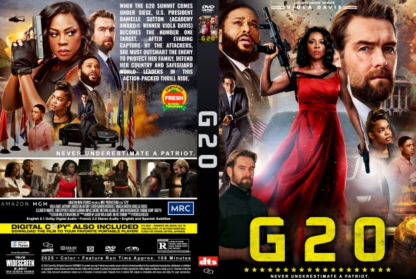 DVD cover for G20: action thriller with a bearded man, a woman in red, and armed agents; includes the tagline 'Never underestimate a patriot'.