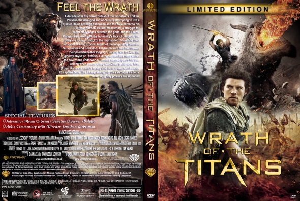Front cover of Wrath of the Titans: Limited Edition DVD with a fierce battle scene, fire, and the title in bold gold letters.