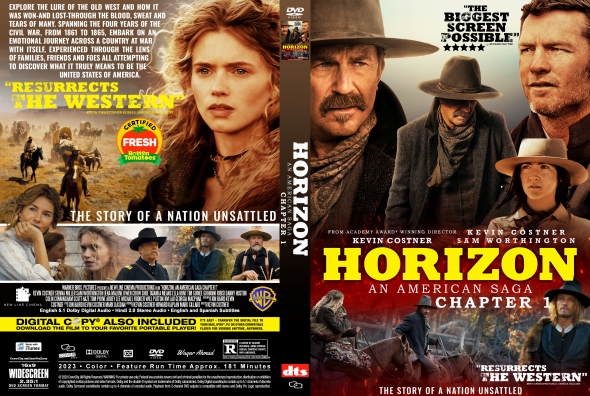 Front cover: Horizon—An American Saga Chapter featuring a woman with a man in a hat and a bold yellow title, rugged western imagery behind.