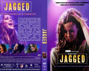Front and back cover of the Jagged documentary DVD: purple design, portraits of Alanis Morissette, bold JAGGED title and HBO Music Box branding.