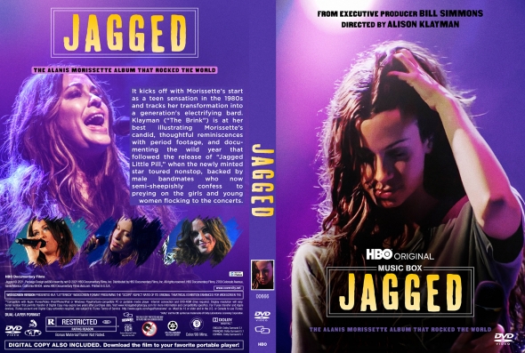 Front and back cover of the Jagged documentary DVD: purple design, portraits of Alanis Morissette, bold JAGGED title and HBO Music Box branding.
