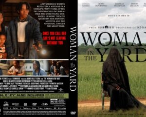 Front cover: a veiled woman seated in a green field with the film title The Woman in the Yard across the image.Note: a somber, suspenseful mood set by the countryside setting.