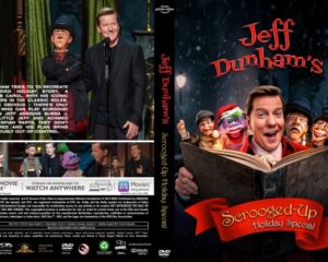 Front cover: Jeff Dunham's Scrooged-Up Holiday Special DVD, with Dunham smiling over an open book and ventriloquist puppets in a snowy, festive scene.