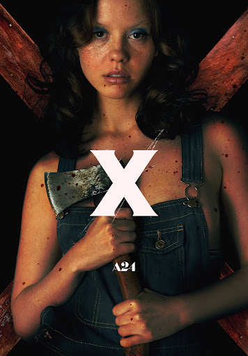 Film poster for X by A24: a young woman in denim overalls grips a bloody axe with a bold red X behind her.