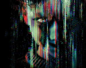 Poster for Dear David: The Haunting of Adam Ellis featuring a glitchy, multicolored face silhouette against a dark background with red title text at top.