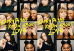 Collage of diverse friends posing and smiling in a photo-booth style, overlaid with yellow handwritten title 'Everything I Know About Love' across the panels.