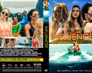 Front cover of a DVD titled 'Influencer' featuring three women in swimsuits against a tropical sea backdrop with a boat and an island; tagline 'Be careful who you follow'.
