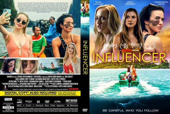 Front cover of a DVD titled 'Influencer' featuring three women in swimsuits against a tropical sea backdrop with a boat and an island; tagline 'Be careful who you follow'.