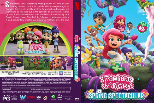 Front cover of Strawberry Shortcake: Spring Spectacular DVD, with Strawberry Shortcake leading friends in a bright, flower-filled scene.