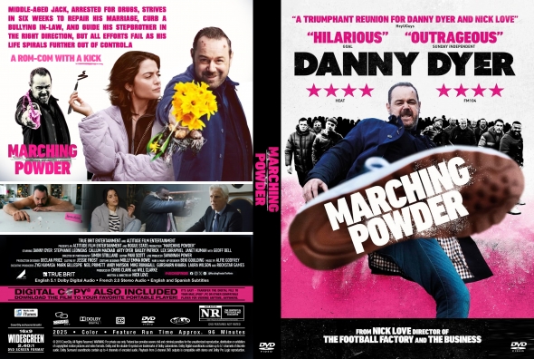 Split poster for the film Marching Powder: left collage of characters with a woman holding flowers, right side shows Danny Dyer delivering a kick against a pink background.