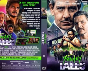 Front cover of the 'Freaky Tales' DVD: neon-green title, several action characters, and a moody cityscape background.