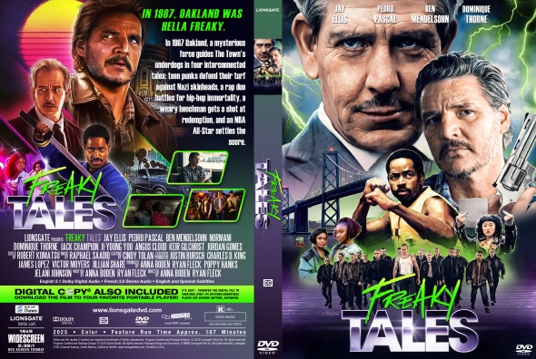 Front cover of the 'Freaky Tales' DVD: neon-green title, several action characters, and a moody cityscape background.