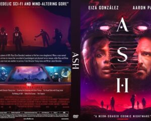Front and back DVD cover for a neon-lit sci-fi horror film; front shows two faces inside a creature’s grill with purple-pink lighting and vertical title, back includes synopsis, stills, and credits.