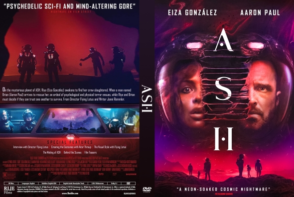 Front and back DVD cover for a neon-lit sci-fi horror film; front shows two faces inside a creature’s grill with purple-pink lighting and vertical title, back includes synopsis, stills, and credits.