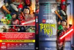 LEGO Star Wars Terrifying Tales DVD cover with minifigures, a glowing red lightsaber, and a spooky door scene.