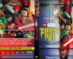 LEGO Star Wars Terrifying Tales DVD cover with minifigures, a glowing red lightsaber, and a spooky door scene.