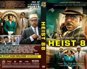 Cover art for the film Heist 88: a man in a fedora and suit aiming a pistol, with a group of suited people in the background and a bold yellow title.