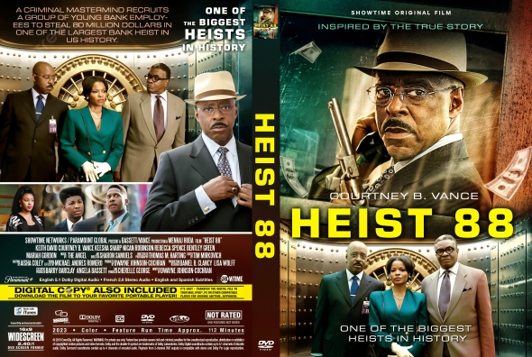 Cover art for the film Heist 88: a man in a fedora and suit aiming a pistol, with a group of suited people in the background and a bold yellow title.